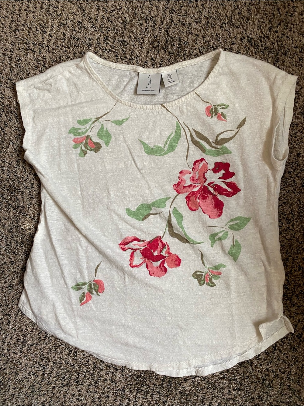 Joie Cream Linen Cap Sleeve Blouse with Pink Floral Print